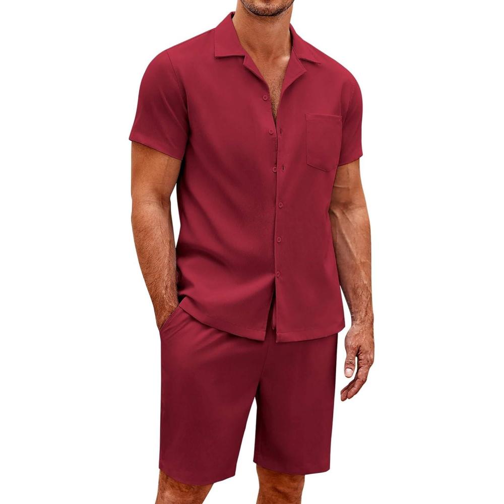imageCOOFANDY Mens 2 Pieces Casual Beach Outfits Short Sleeve Button Down Shirts Summer Short SetCrimson