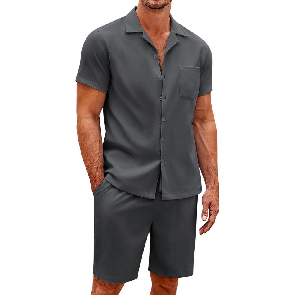 imageCOOFANDY Mens 2 Pieces Casual Beach Outfits Short Sleeve Button Down Shirts Summer Short SetDark Grey