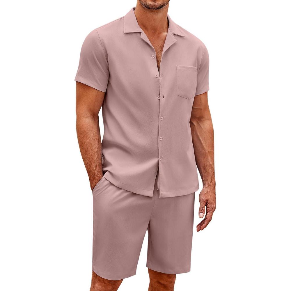 imageCOOFANDY Mens 2 Pieces Casual Beach Outfits Short Sleeve Button Down Shirts Summer Short SetDusty Rose