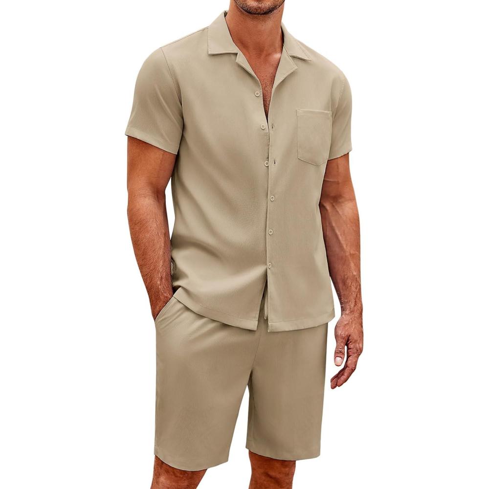 imageCOOFANDY Mens 2 Pieces Casual Beach Outfits Short Sleeve Button Down Shirts Summer Short SetKhaki