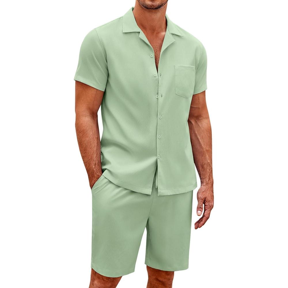 imageCOOFANDY Mens 2 Pieces Casual Beach Outfits Short Sleeve Button Down Shirts Summer Short SetLight Green