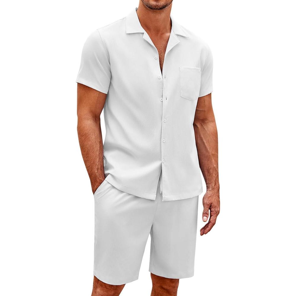 imageCOOFANDY Mens 2 Pieces Casual Beach Outfits Short Sleeve Button Down Shirts Summer Short SetWhite