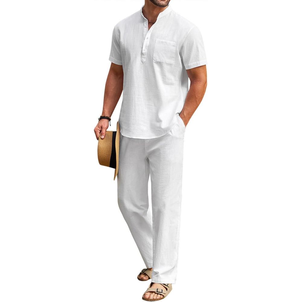 imageCOOFANDY Mens 2 Pieces Cotton Linen Set Casual Short Sleeve Henley Shirts Beach Yoga Pants Summer OutfitsAll White