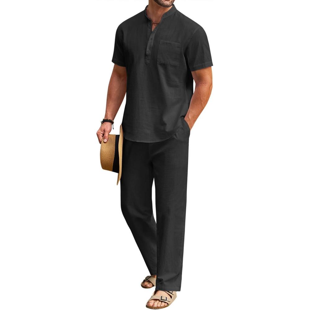 imageCOOFANDY Mens 2 Pieces Cotton Linen Set Casual Short Sleeve Henley Shirts Beach Yoga Pants Summer OutfitsBlack
