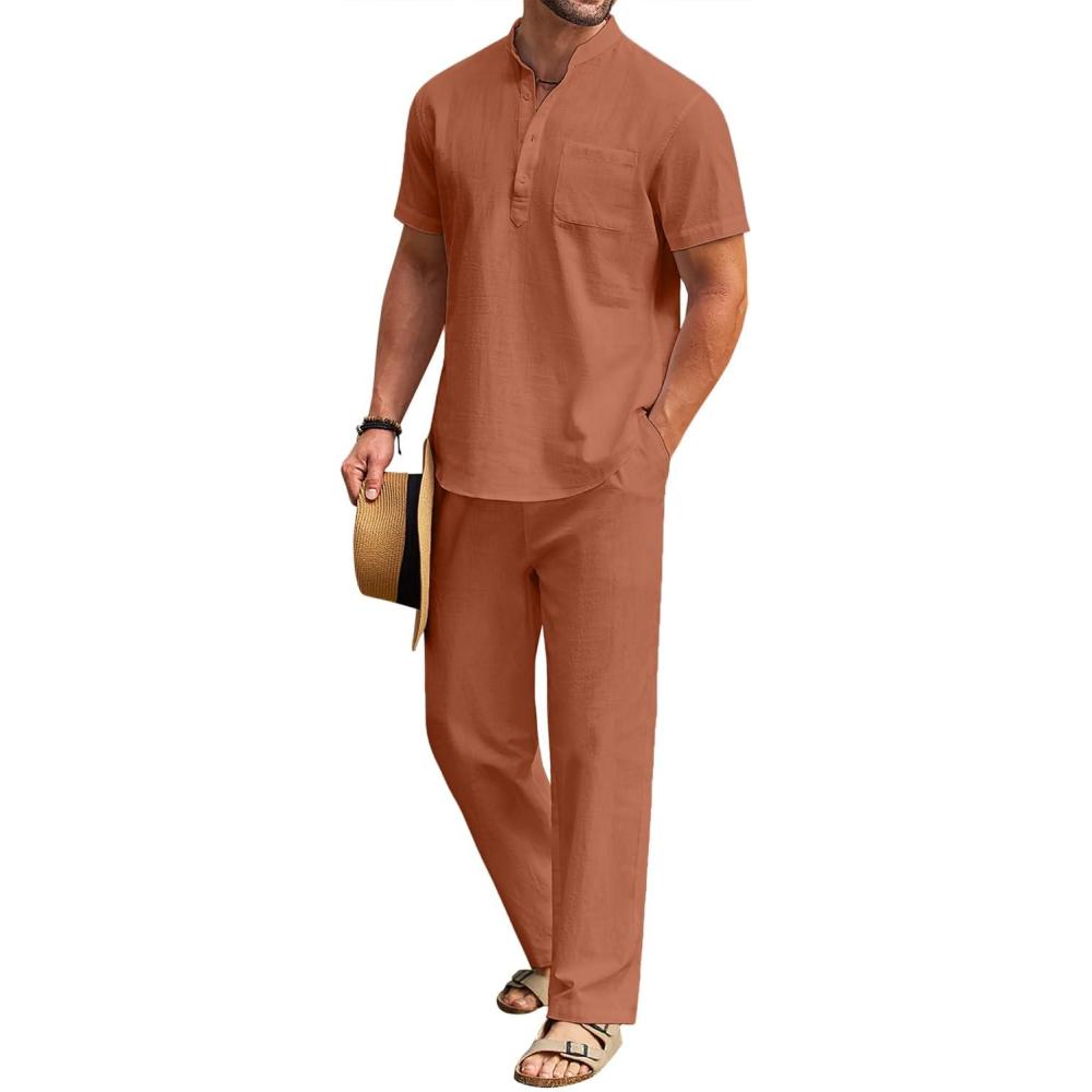imageCOOFANDY Mens 2 Pieces Cotton Linen Set Casual Short Sleeve Henley Shirts Beach Yoga Pants Summer OutfitsCaramel