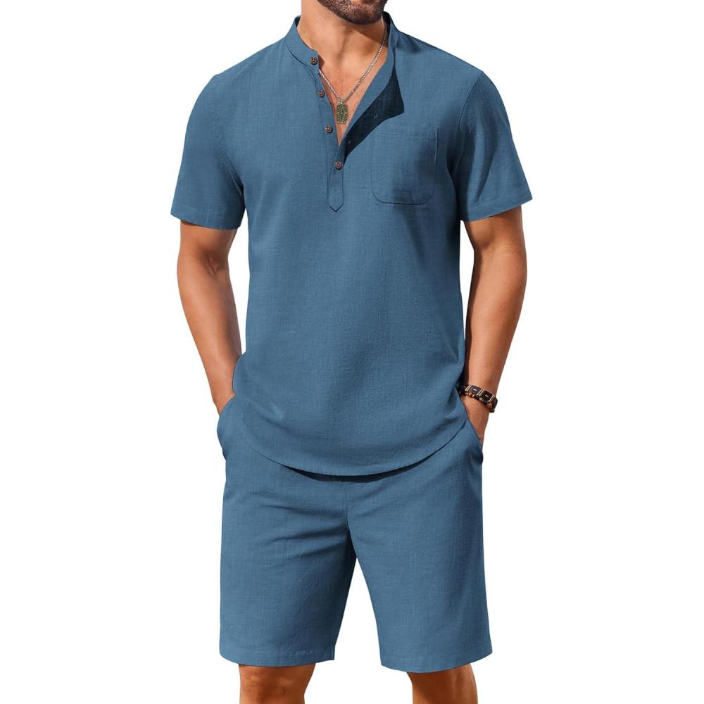 imageCOOFANDY Mens 2 Pieces Cotton Linen Set Casual Short Sleeve Henley Shirts Beach Yoga Pants Summer OutfitsDenim Blue