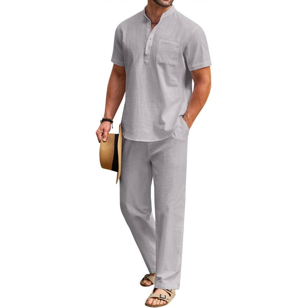 imageCOOFANDY Mens 2 Pieces Cotton Linen Set Casual Short Sleeve Henley Shirts Beach Yoga Pants Summer OutfitsGrey