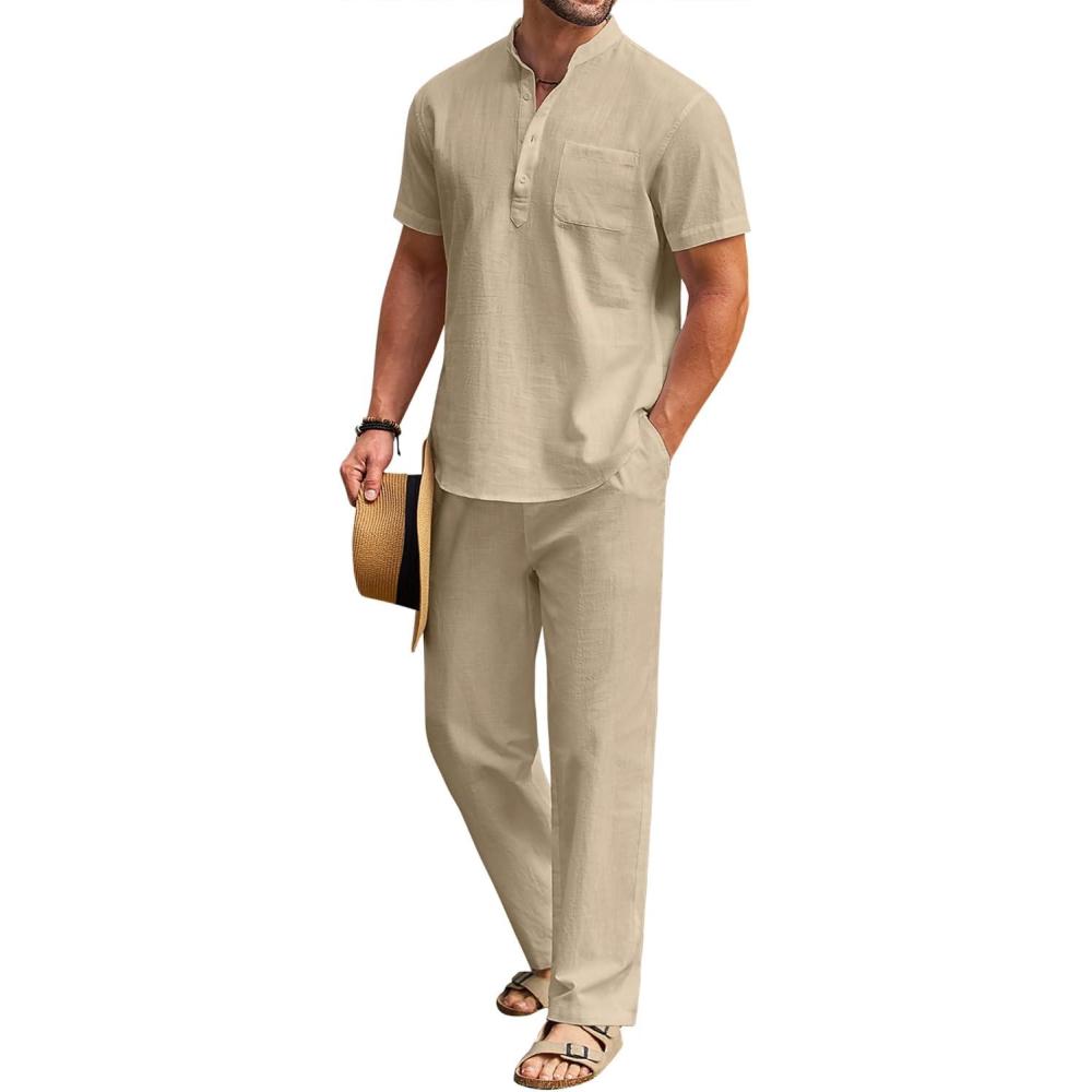 imageCOOFANDY Mens 2 Pieces Cotton Linen Set Casual Short Sleeve Henley Shirts Beach Yoga Pants Summer OutfitsKhaki