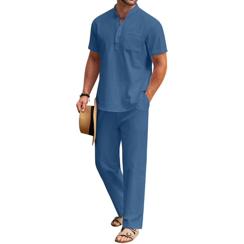 imageCOOFANDY Mens 2 Pieces Cotton Linen Set Casual Short Sleeve Henley Shirts Beach Yoga Pants Summer OutfitsLight Navy