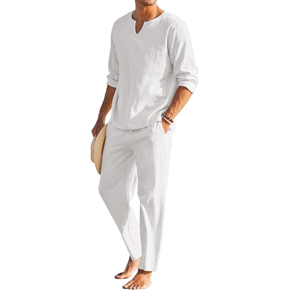 imageCOOFANDY Mens 2 Pieces Cotton Linen Set Henley Shirt Long Sleeve and Casual Beach Pants Summer Yoga Outfits01white