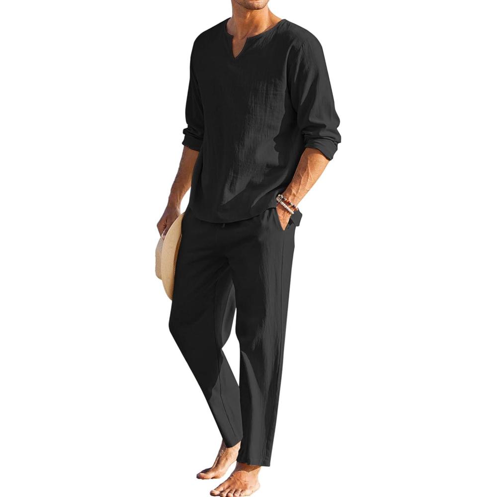 imageCOOFANDY Mens 2 Pieces Cotton Linen Set Henley Shirt Long Sleeve and Casual Beach Pants Summer Yoga OutfitsBlack
