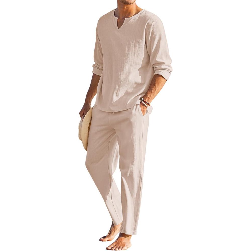 imageCOOFANDY Mens 2 Pieces Cotton Linen Set Henley Shirt Long Sleeve and Casual Beach Pants Summer Yoga OutfitsChampagne