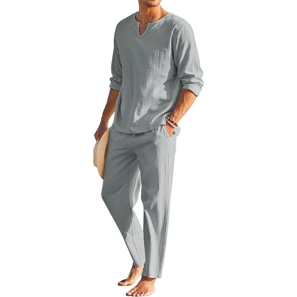 imageCOOFANDY Mens 2 Pieces Cotton Linen Set Henley Shirt Long Sleeve and Casual Beach Pants Summer Yoga OutfitsGrey