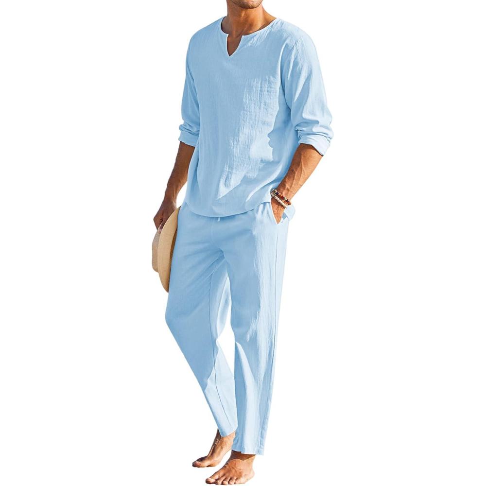 imageCOOFANDY Mens 2 Pieces Cotton Linen Set Henley Shirt Long Sleeve and Casual Beach Pants Summer Yoga OutfitsLight Blue
