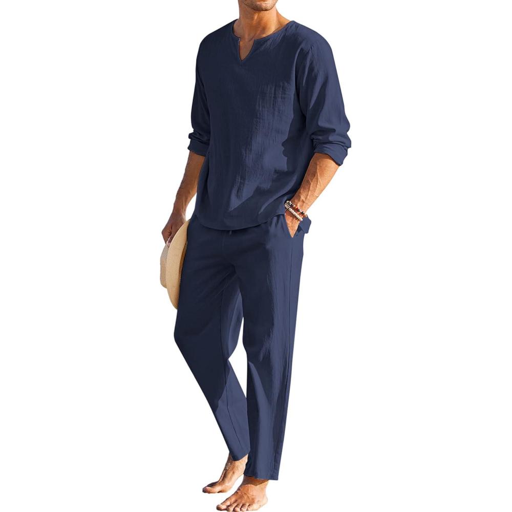 imageCOOFANDY Mens 2 Pieces Cotton Linen Set Henley Shirt Long Sleeve and Casual Beach Pants Summer Yoga OutfitsNavy Blue