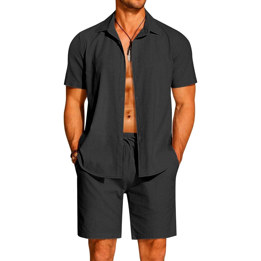 imageCOOFANDY Mens 2 Pieces Cotton Linen Set Short Sleeve Button Down Shirts Summer Beach Shorts Casual OutfitsBlack