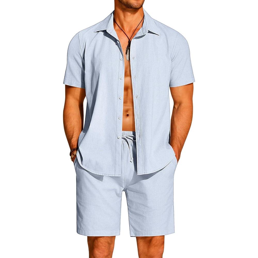 imageCOOFANDY Mens 2 Pieces Cotton Linen Set Short Sleeve Button Down Shirts Summer Beach Shorts Casual OutfitsLight Blue