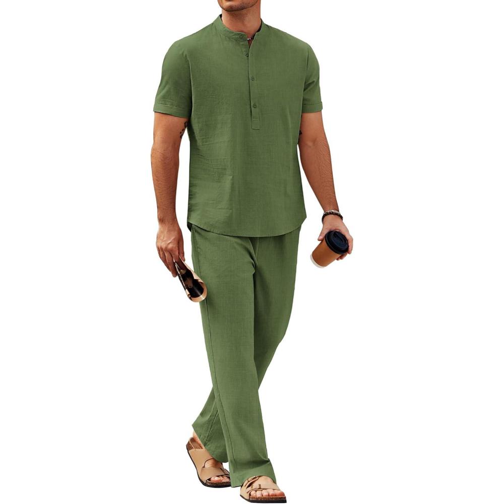 imageCOOFANDY Mens 2 Pieces Cotton Linen Sets Short Sleeve Casual Henley Shirt Summer Beach Pants Lounge Vacation Outfits SetArmy Green