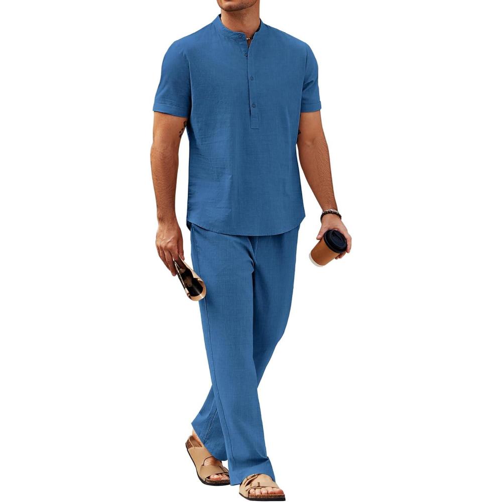 imageCOOFANDY Mens 2 Pieces Cotton Linen Sets Short Sleeve Casual Henley Shirt Summer Beach Pants Lounge Vacation Outfits SetBlue