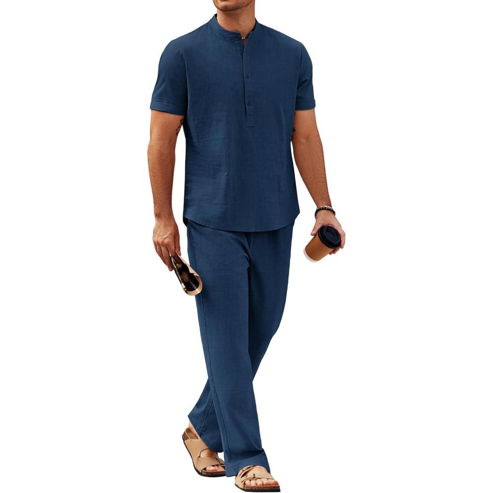 imageCOOFANDY Mens 2 Pieces Cotton Linen Sets Short Sleeve Casual Henley Shirt Summer Beach Pants Lounge Vacation Outfits SetNavy Blue