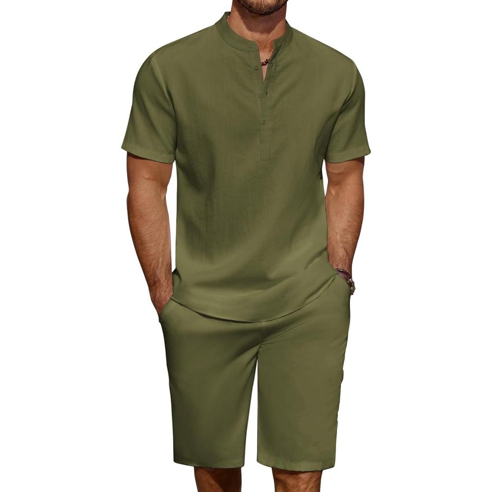 imageCOOFANDY Mens 2 Pieces Linen Set Casual Henley Shirts Short Sleeve Beach Yoga Shorts Summer Pants OutfitsArmy Green