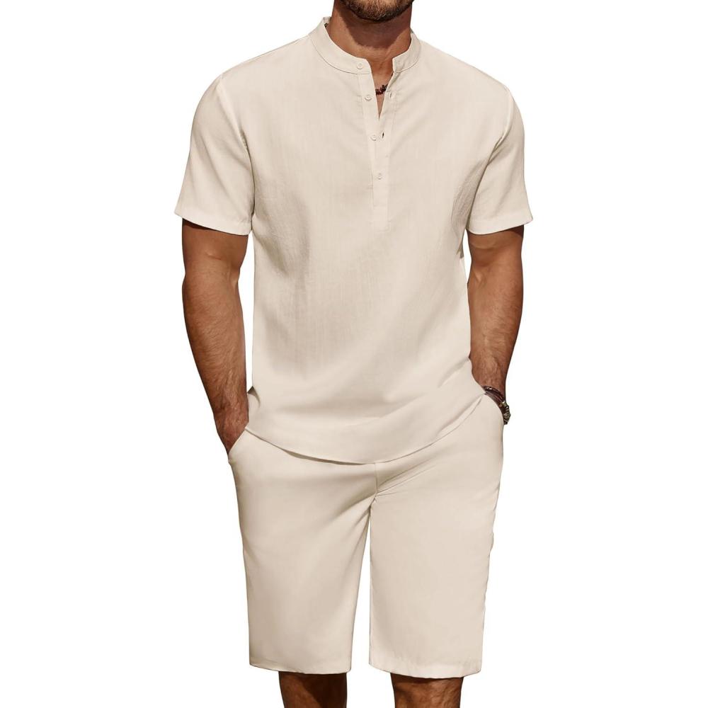imageCOOFANDY Mens 2 Pieces Linen Set Casual Henley Shirts Short Sleeve Beach Yoga Shorts Summer Pants OutfitsBeige