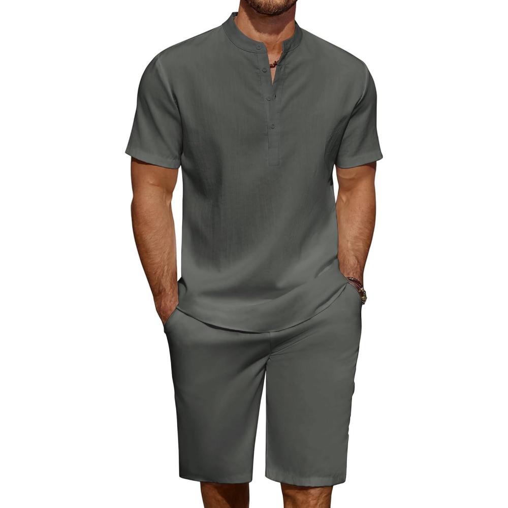 imageCOOFANDY Mens 2 Pieces Linen Set Casual Henley Shirts Short Sleeve Beach Yoga Shorts Summer Pants OutfitsDark Grey
