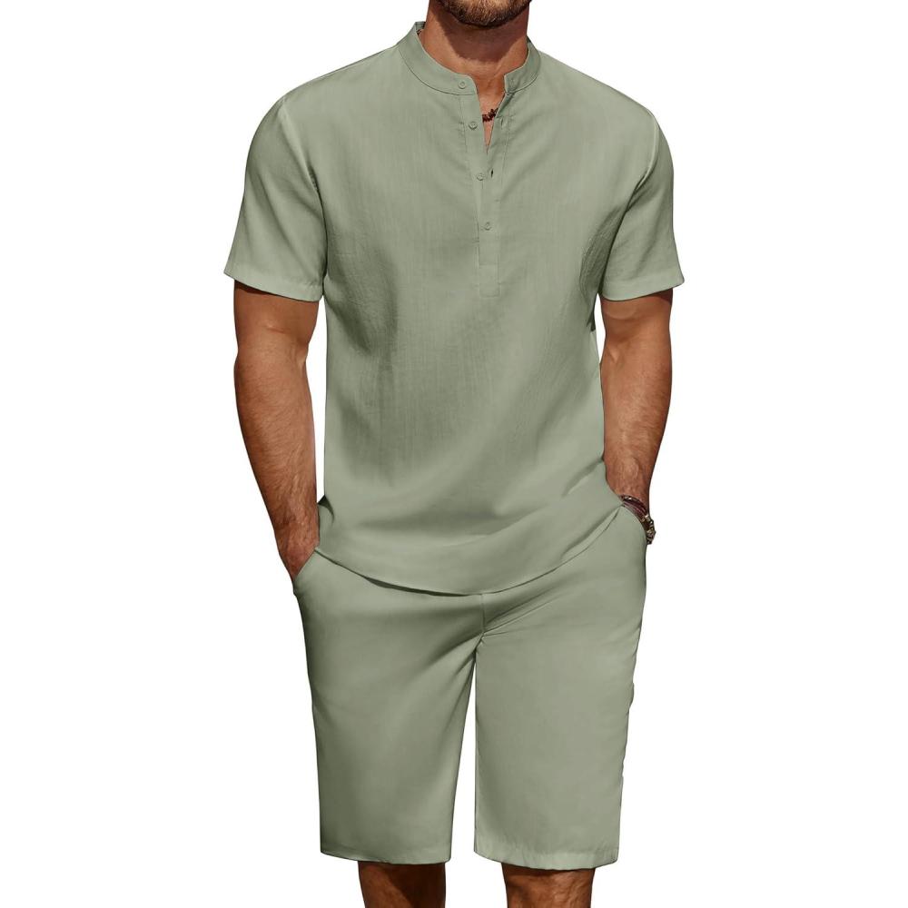 imageCOOFANDY Mens 2 Pieces Linen Set Casual Henley Shirts Short Sleeve Beach Yoga Shorts Summer Pants OutfitsLight Green