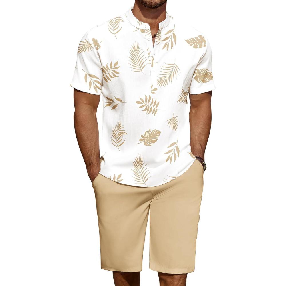 imageCOOFANDY Mens 2 Pieces Linen Set Casual Henley Shirts Short Sleeve Beach Yoga Shorts Summer Pants OutfitsPalm Pattern