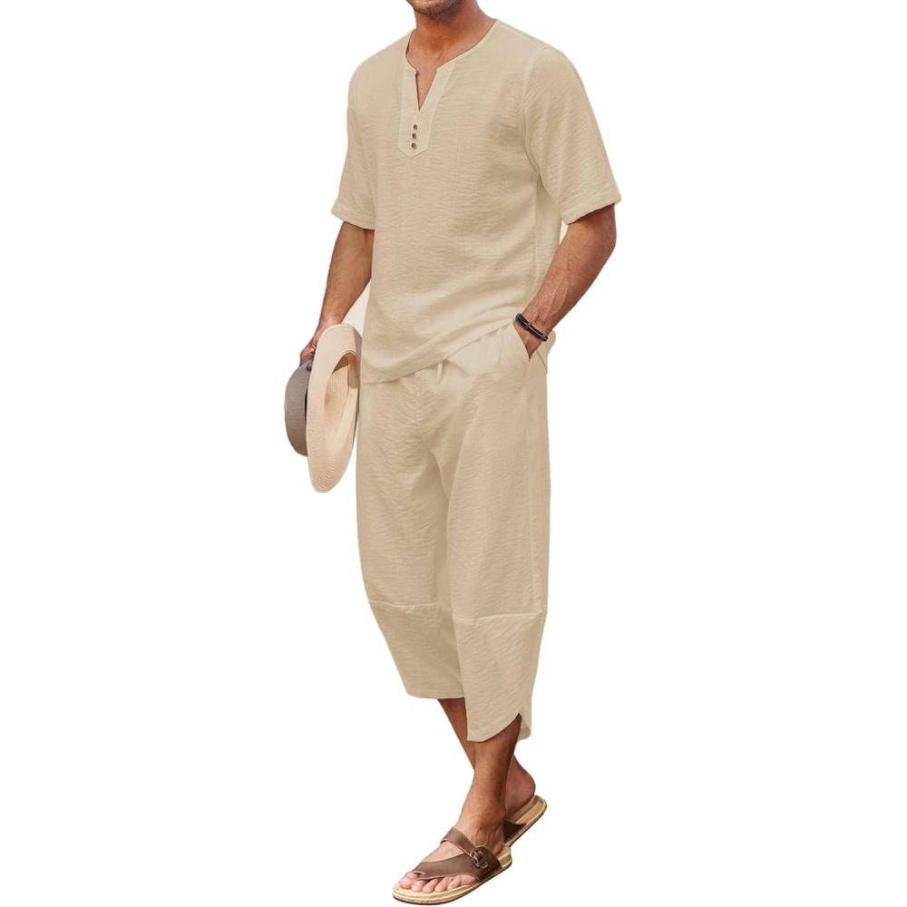 imageCOOFANDY Mens 2 Pieces Linen Set Henley Shirt Short Sleeve and Harem Capri Pants Wide Leg Baggy Beach Yoga Trousers Outfits02light Khaki