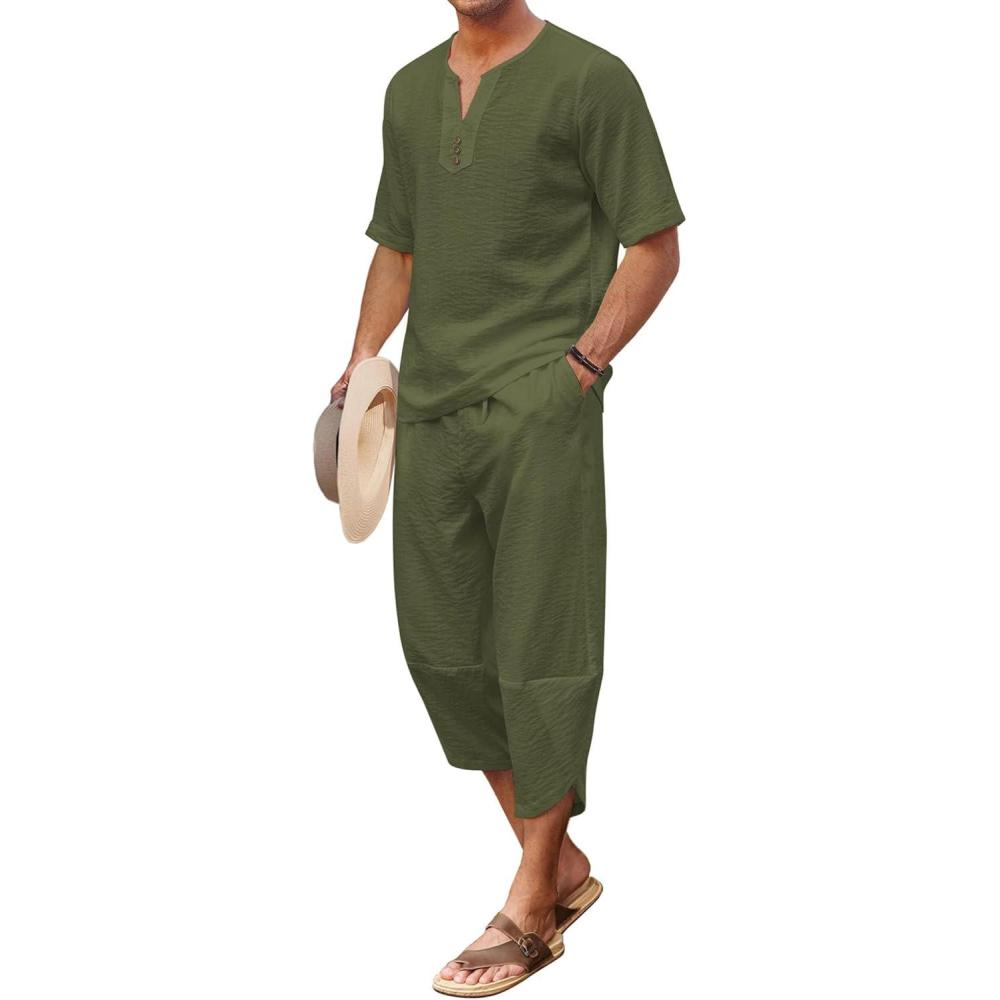 imageCOOFANDY Mens 2 Pieces Linen Set Henley Shirt Short Sleeve and Harem Capri Pants Wide Leg Baggy Beach Yoga Trousers OutfitsArmy Green