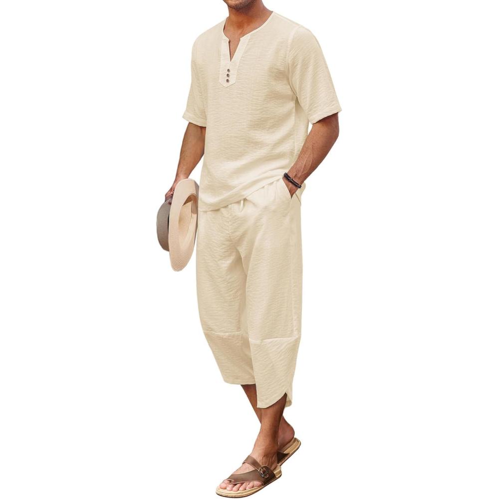 imageCOOFANDY Mens 2 Pieces Linen Set Henley Shirt Short Sleeve and Harem Capri Pants Wide Leg Baggy Beach Yoga Trousers OutfitsBeige