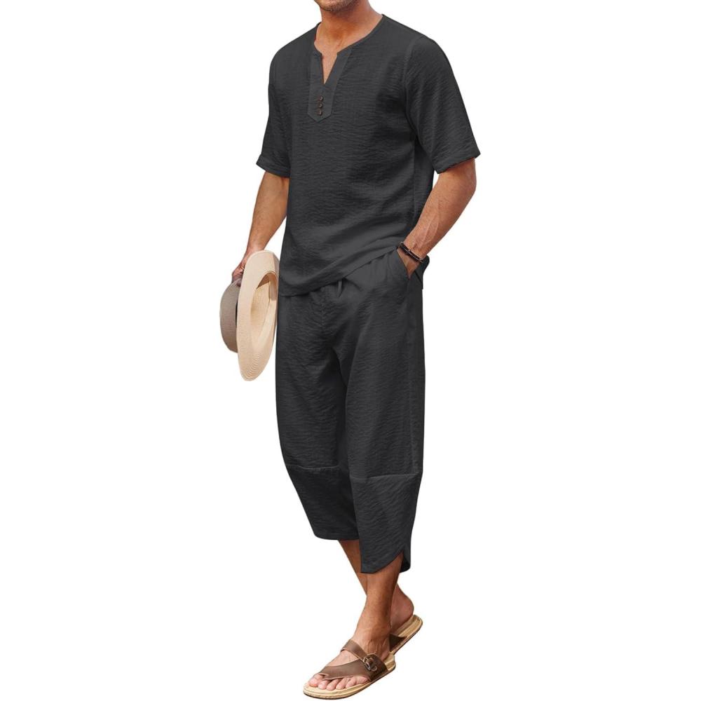 imageCOOFANDY Mens 2 Pieces Linen Set Henley Shirt Short Sleeve and Harem Capri Pants Wide Leg Baggy Beach Yoga Trousers OutfitsBlack