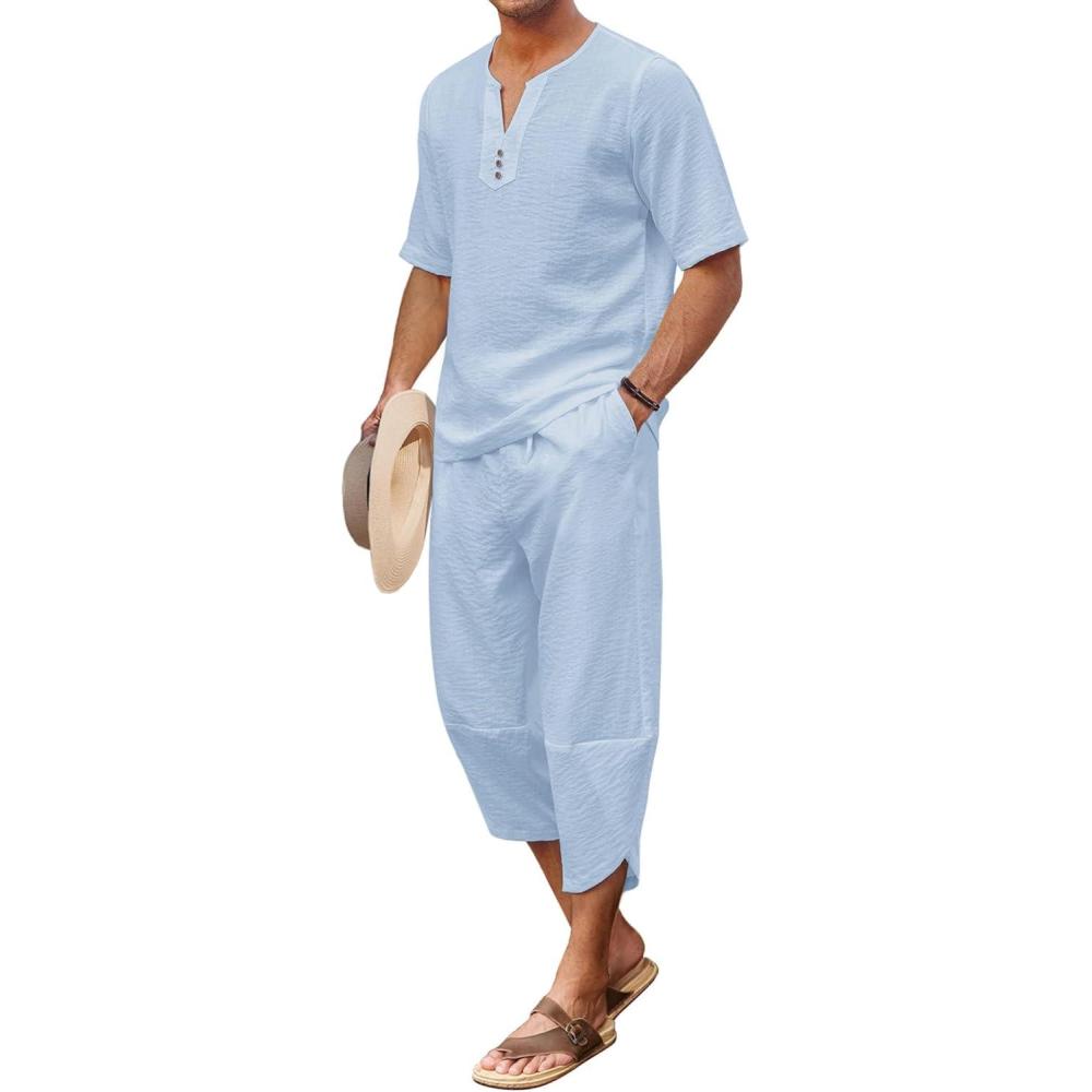 imageCOOFANDY Mens 2 Pieces Linen Set Henley Shirt Short Sleeve and Harem Capri Pants Wide Leg Baggy Beach Yoga Trousers OutfitsBlue