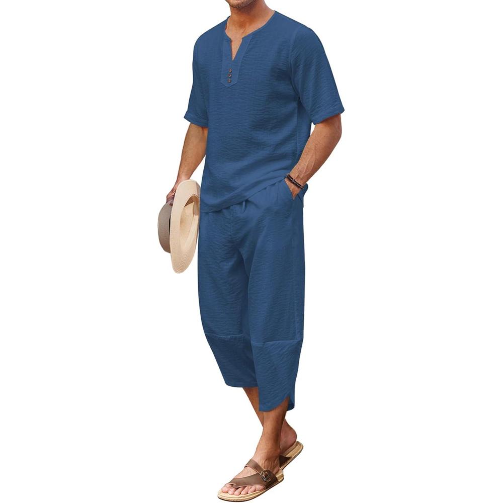 imageCOOFANDY Mens 2 Pieces Linen Set Henley Shirt Short Sleeve and Harem Capri Pants Wide Leg Baggy Beach Yoga Trousers OutfitsDenim Blue