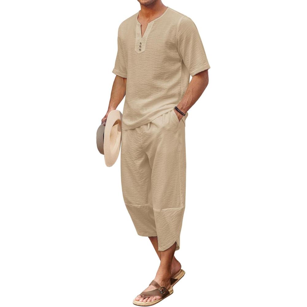 imageCOOFANDY Mens 2 Pieces Linen Set Henley Shirt Short Sleeve and Harem Capri Pants Wide Leg Baggy Beach Yoga Trousers OutfitsKhaki