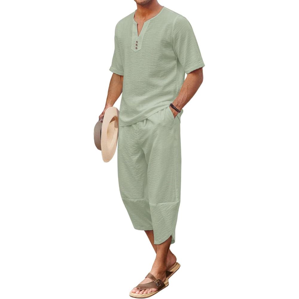 imageCOOFANDY Mens 2 Pieces Linen Set Henley Shirt Short Sleeve and Harem Capri Pants Wide Leg Baggy Beach Yoga Trousers OutfitsLight Green