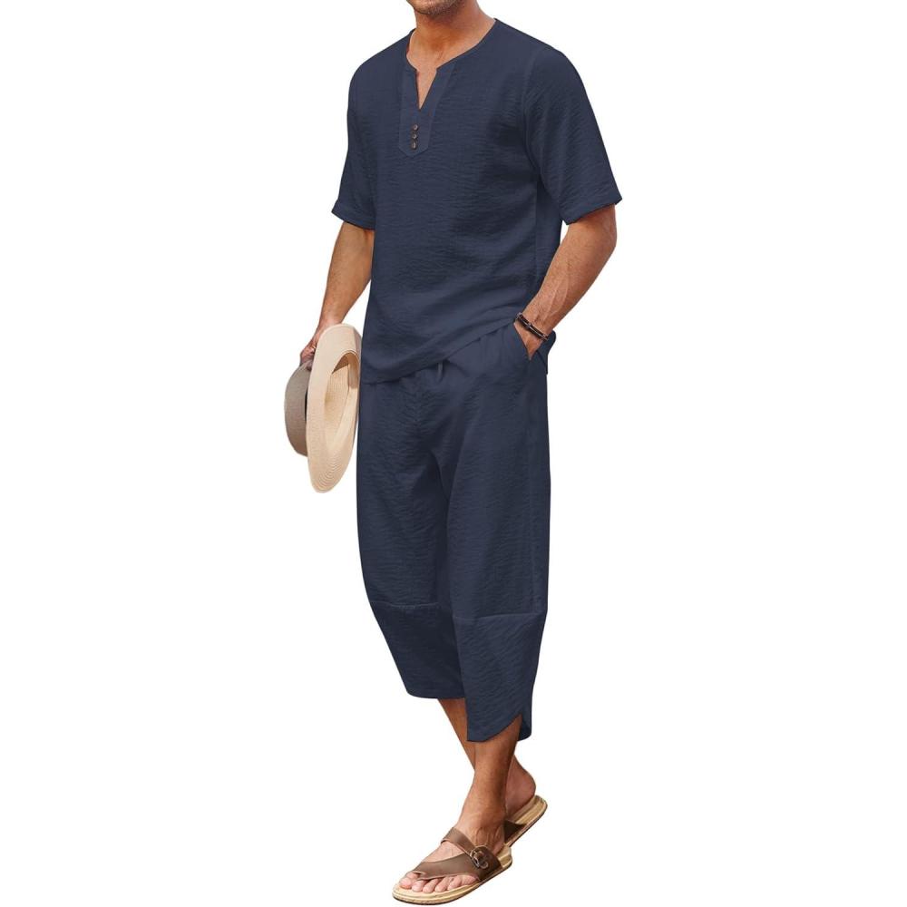imageCOOFANDY Mens 2 Pieces Linen Set Henley Shirt Short Sleeve and Harem Capri Pants Wide Leg Baggy Beach Yoga Trousers OutfitsNavy Blue