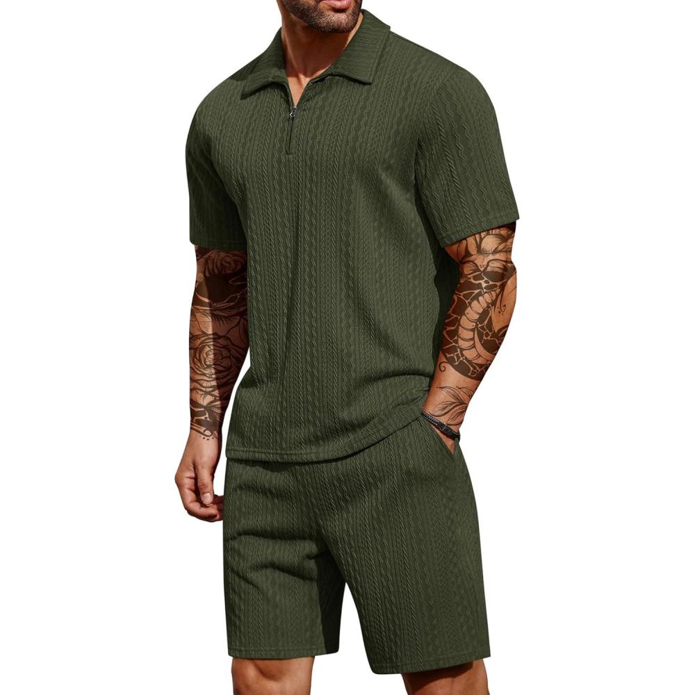 imageCOOFANDY Mens 2 Pieces Outfits Casual Quarter Zip Polo Shirt and Shorts Set Athletic Jogging Summer TracksuitArmy Green