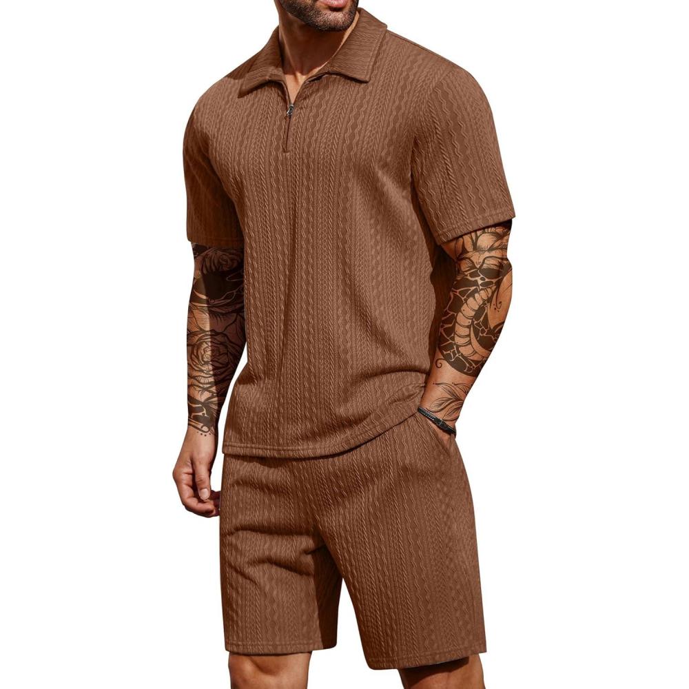 imageCOOFANDY Mens 2 Pieces Outfits Casual Quarter Zip Polo Shirt and Shorts Set Athletic Jogging Summer TracksuitBrown