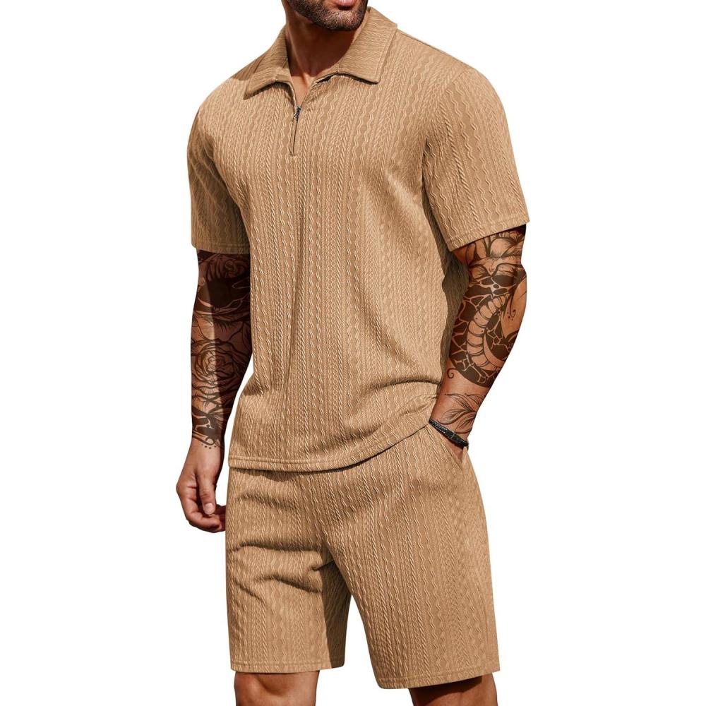 imageCOOFANDY Mens 2 Pieces Outfits Casual Quarter Zip Polo Shirt and Shorts Set Athletic Jogging Summer TracksuitKhaki