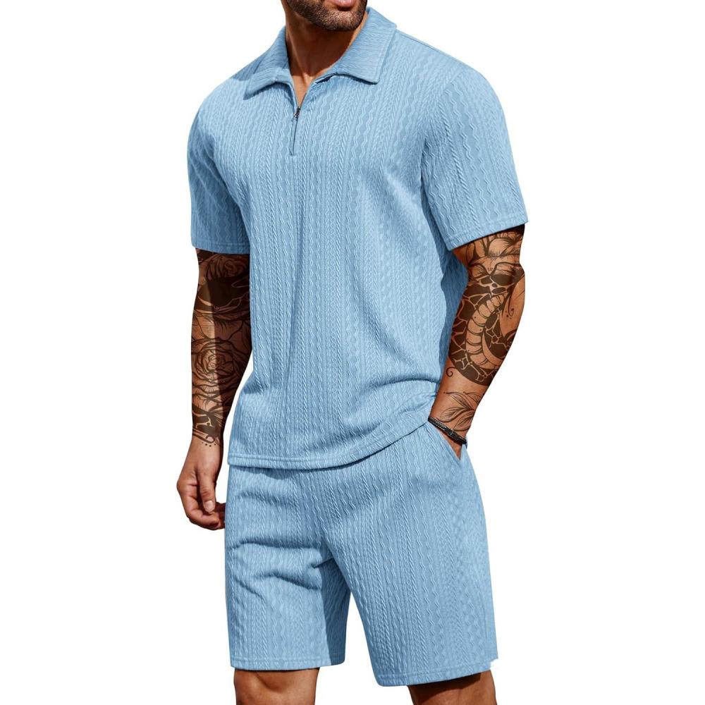 imageCOOFANDY Mens 2 Pieces Outfits Casual Quarter Zip Polo Shirt and Shorts Set Athletic Jogging Summer TracksuitLight Blue