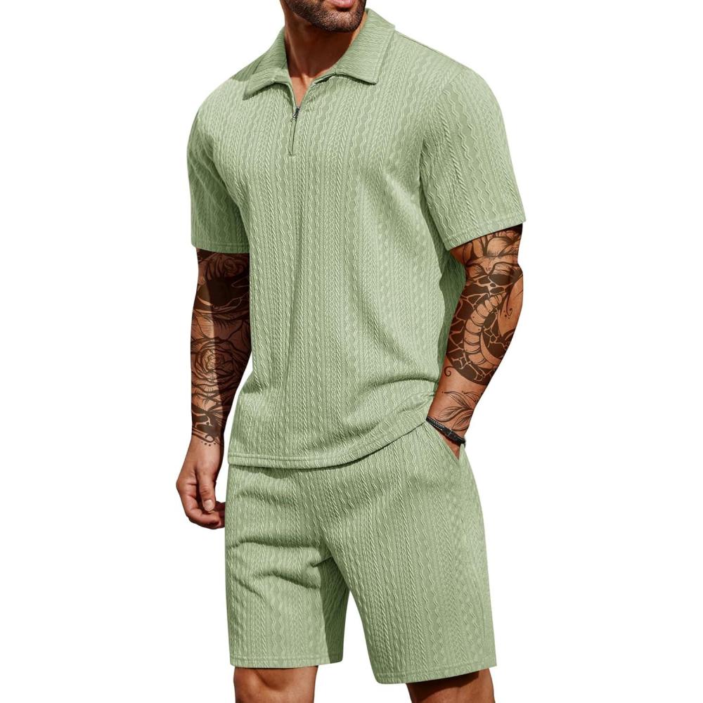 imageCOOFANDY Mens 2 Pieces Outfits Casual Quarter Zip Polo Shirt and Shorts Set Athletic Jogging Summer TracksuitLight Green
