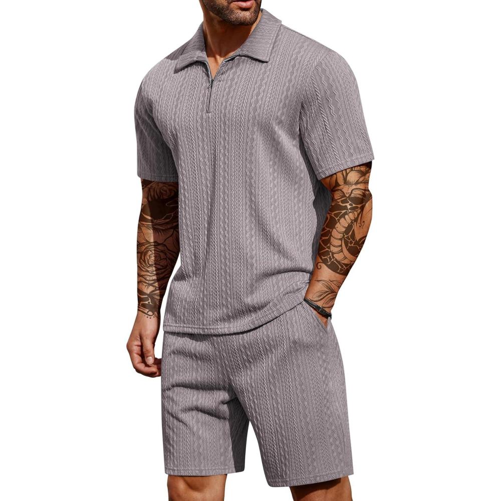 imageCOOFANDY Mens 2 Pieces Outfits Casual Quarter Zip Polo Shirt and Shorts Set Athletic Jogging Summer TracksuitLight Grey