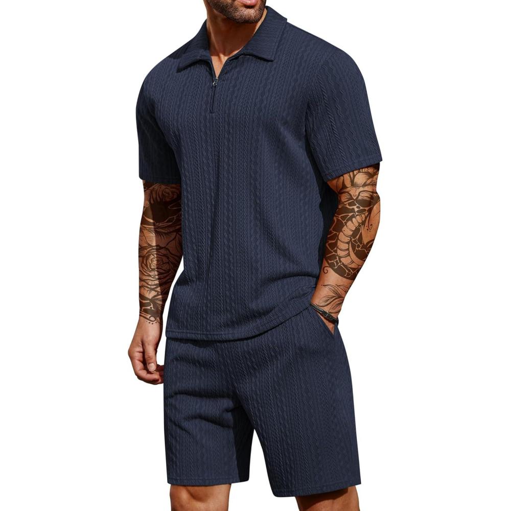 imageCOOFANDY Mens 2 Pieces Outfits Casual Quarter Zip Polo Shirt and Shorts Set Athletic Jogging Summer TracksuitNavy Blue