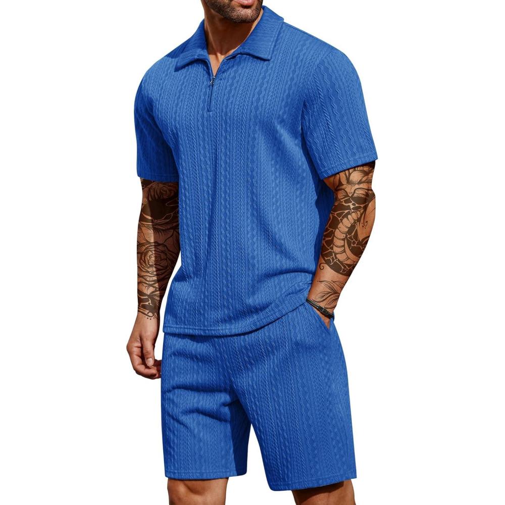 imageCOOFANDY Mens 2 Pieces Outfits Casual Quarter Zip Polo Shirt and Shorts Set Athletic Jogging Summer TracksuitRoyal Blue