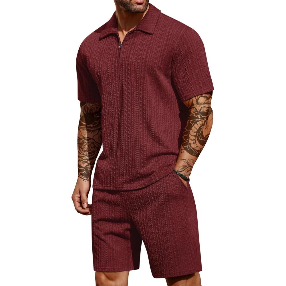 imageCOOFANDY Mens 2 Pieces Outfits Casual Quarter Zip Polo Shirt and Shorts Set Athletic Jogging Summer TracksuitWine Red