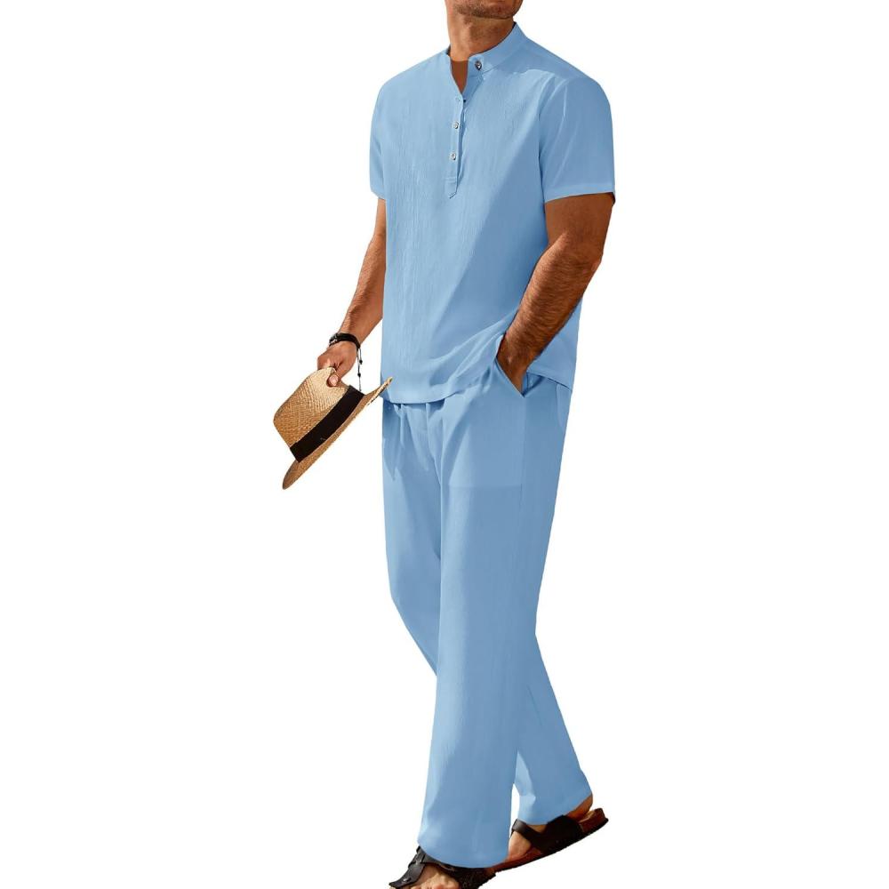 imageCOOFANDY Mens 2 Pieces Set Short Sleeve Casual Henley Shirts Beach Yoga Pants Summer Beach OutfitBlue