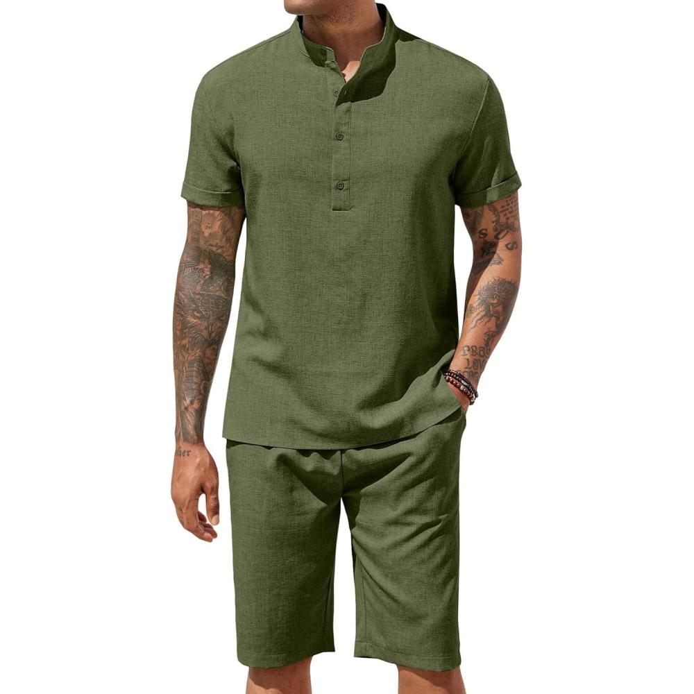 imageCOOFANDY Mens 2 Pieces Set Short Sleeve Henley Shirts and Shorts Pants Texture Summer Beach Vacation OutfitsArmy Green