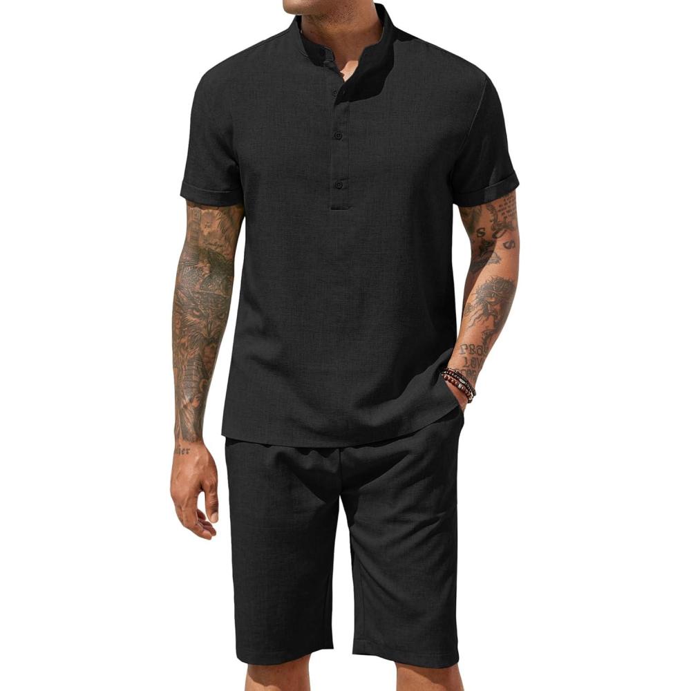 imageCOOFANDY Mens 2 Pieces Set Short Sleeve Henley Shirts and Shorts Pants Texture Summer Beach Vacation OutfitsBlack